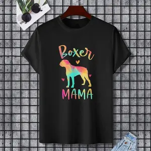 Boxer Mama Colorful Boxer Gifts Dog Mom T-Shirt, 100% Cotton, Single Side Printed, Black Short Sleeve T-shirt, Gift for Family Friends, S-XXXL, 1 pc, Fabric Weight 180g