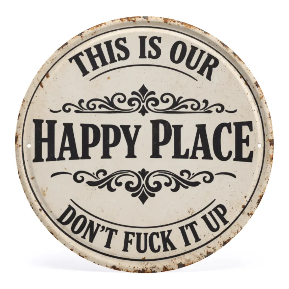 Vintage Round Metal Hanging Plaque - "This Is Our Happy Place, Don't Ruin It" Aesthetic Home Decor Wall Art Sign for Bar, Home, Basement, Home Decor Products, Bar Signs For Home Bar