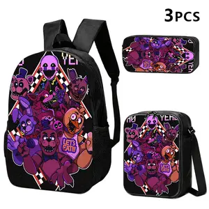 Durable Water Resistant 3-Piece Backpack Set for Kids, Lightweight School Bag with Lunch Box, Featuring Five Nights Horror Animatronic Animal Group Full-Print, Checkered Triangle Frame & "LET'S EAT!!!"Slogan Graphic on Black Background for Horror Game Fa
