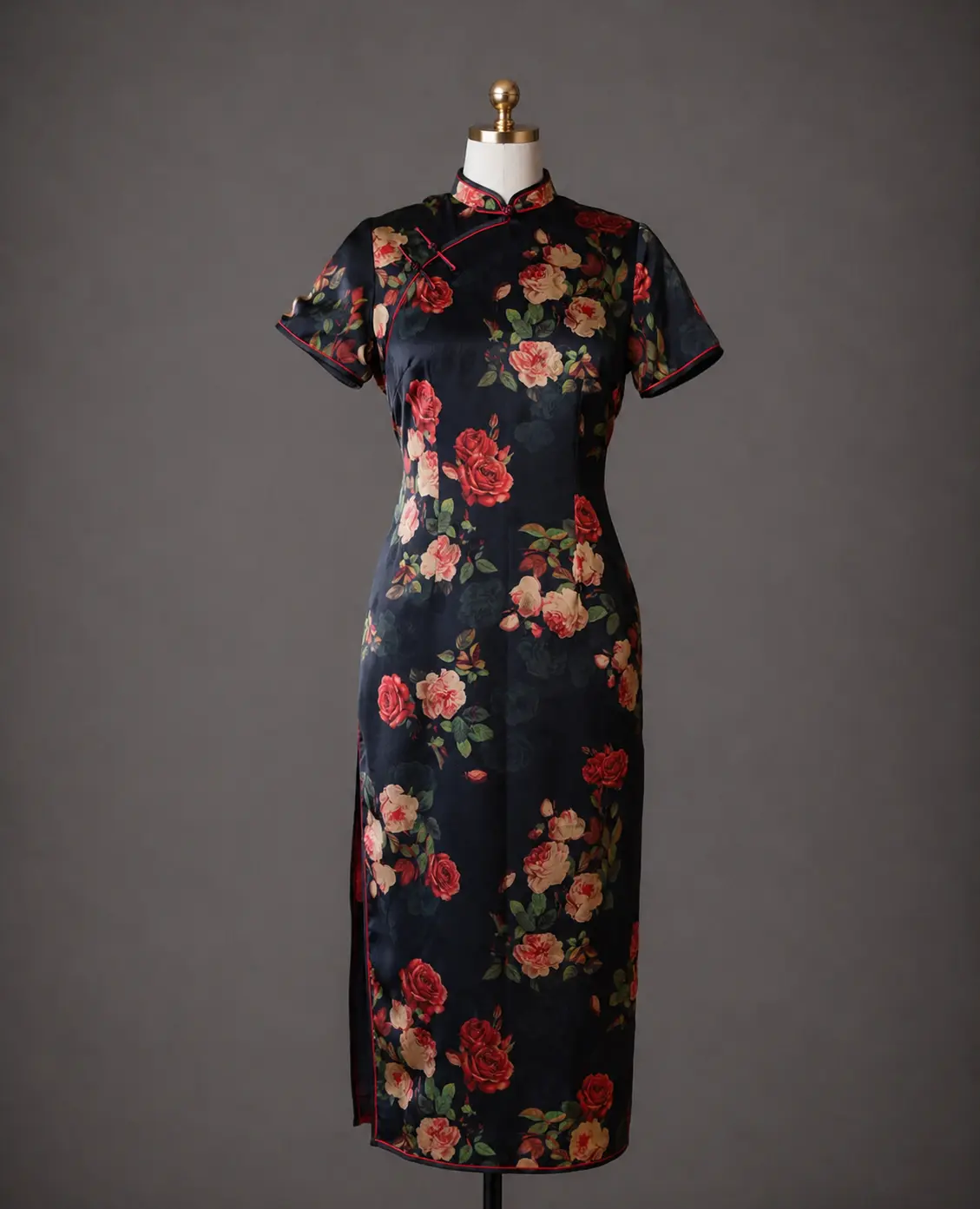 Black Print Silk Qipao with Red Roses — Shanghai 1920s Style