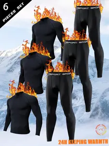 6pcs RUKIOO Men's Thermal Compression Sports Suit, Stand Collar Drop Shoulder Sleeves, Breathable High Elasticity Polyester/lycra, Fall & Winter Outdoor Training, Tight Leggings
