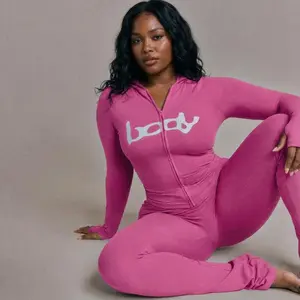 Sculpt Touch Fall Winter Hooded Two-Piece Set – Graphic Print Zipper Jacket & Pants, Sporty Matching Outfit