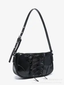 Black Patent Leather Baguette Bag with Corset Lace-Up - Y2K Gothic Shoulder Purse - Edgy Streetwear Style for Night Out