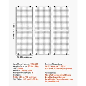 VEVOR 3 Packs Grid Wall Panels, 2x 6 ft Wire Grid Panels Display Rack, Wall-Mounted Art Display Shelf, Black Carbon Steel Wall Hanging Gridwall for Craft Show, Decoration, Storage, Notice Board