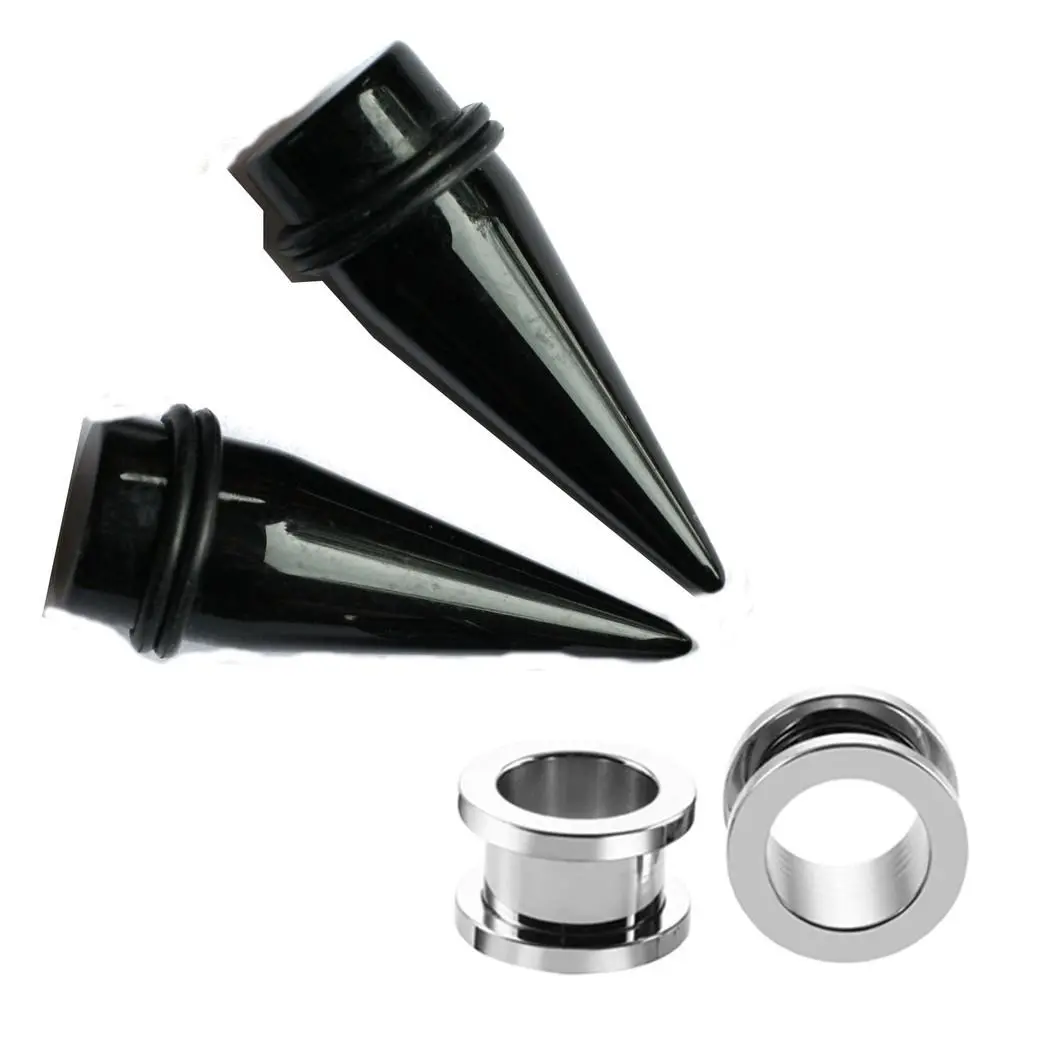 Pair 9mm Black Tapers Surgical Steel Screw on Tunnels Ear Stretching Kit gauges