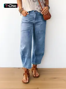 Women's Fashion Denim Jeans Loose Fit Washed Vintage Style Pocket Casual Wear All Seasons Ladies Jeans Comfortable Daily Use