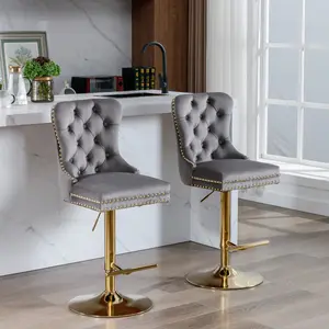 [AURA]Set of 2 Thick Golden Swivel Bar Stools 360 Degree Rotating Adjustable Height 27-35 Inch Modern Velvet Upholstered Counter Stools with Backs Comfortable Tufted Pub Kitchen Island Stools Luxury Home Bar Furniture Bar Chairs for Breakfast Nook