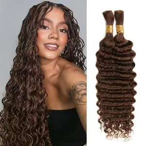 Human Braiding Hair 16 Inch 100g Chocolate Brown Deep Wave Bulk Human Hair for Braiding No Weft Curly Bundles Hair Extensions for Boho Knotless Wet and Wav
