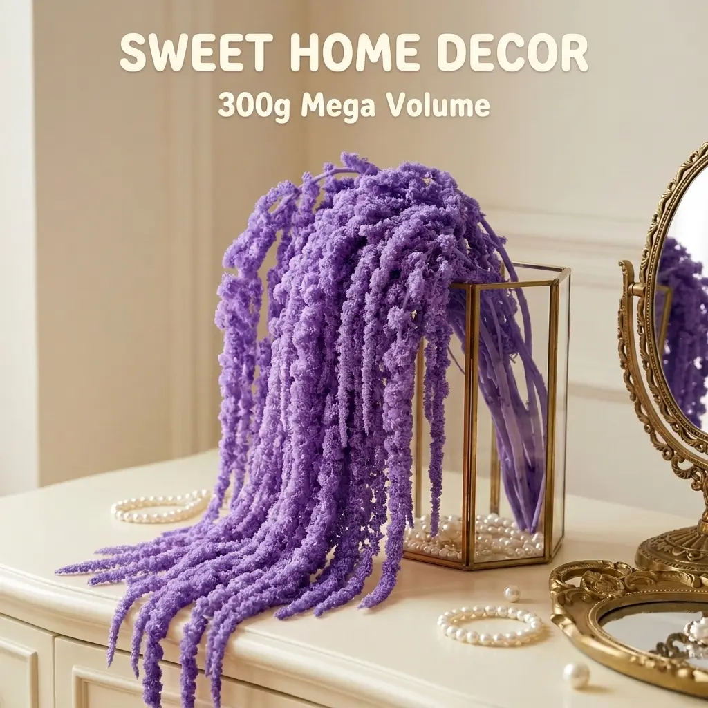 Natural dried preserved tassel amaranth. Extra long length up to 75 cm. Trailing green and purple hanging flower vines. Ideal for home decoration, wedding decor, wall styling, vase filler and arch decoration.