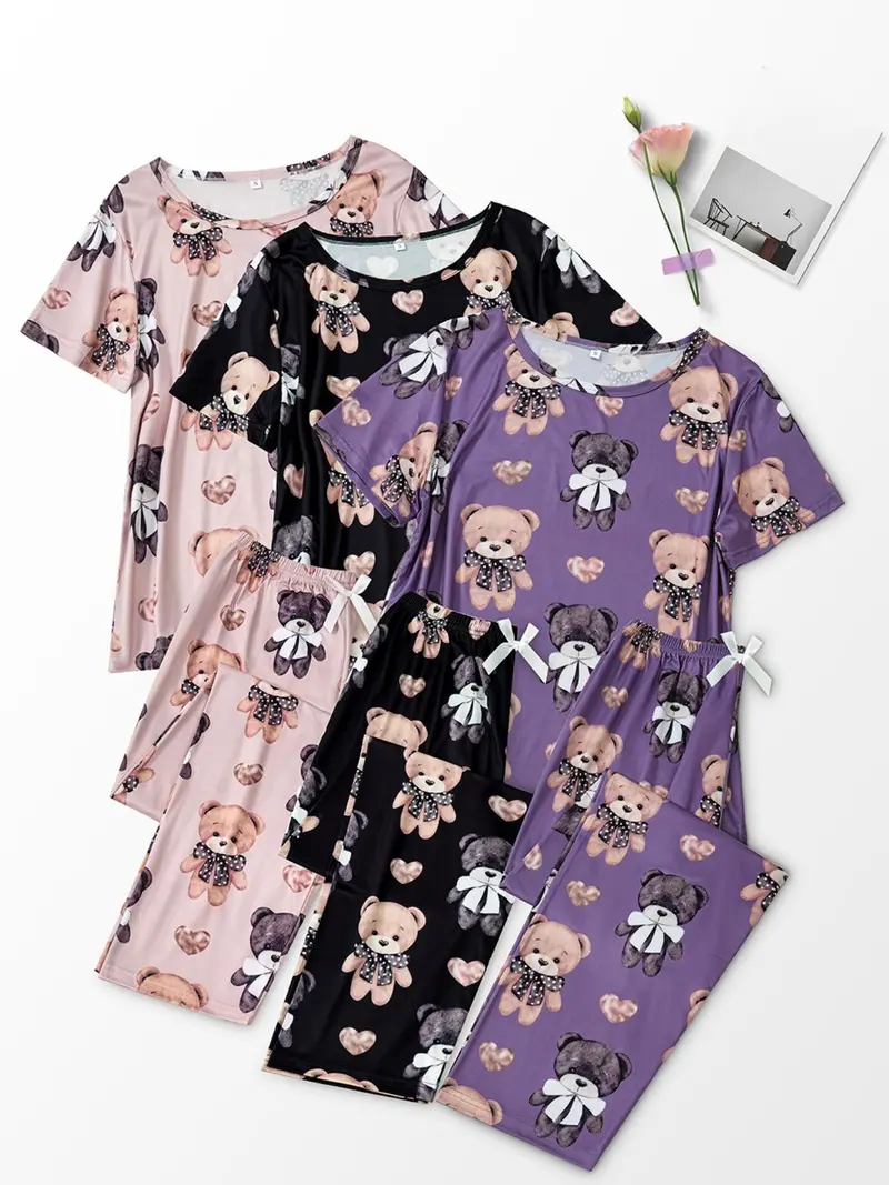 Women's Cartoon Bear Print Short Sleeve Tee & Pants Pajama Set, Casual Comfy Round Neck T-Shirt & Elastic Waist Trousers PJ Set, Loungewear Pajamas Set, Ladies Sleepwear for All Seasons