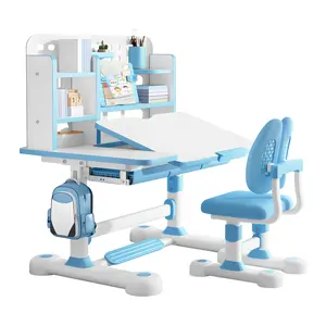 Kid's Study Desk And Chair Set, Height Adjustable Children's Desk And Chair Set with Bookshelf And Storage Drawer, 50-Degree Tiltable Desktop Study Table with Chair for Bedroom Study Room