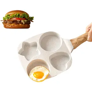 Multifunctional Non-stick Egg Frying Pan – 4 Holes Skillet with Wooden Handle, Burgers, Breakfast & Quick Cooking at Home.Non-stick Beige Cookware frying pan.Nonstick Woks