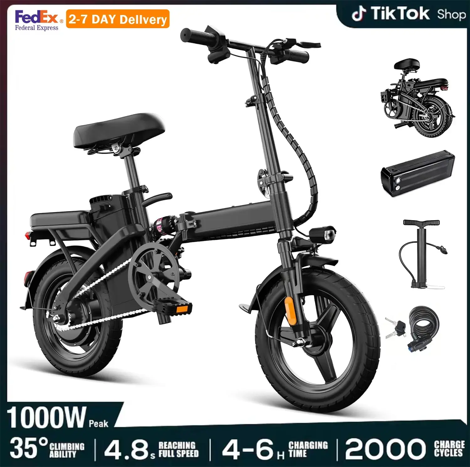 14-Inch Portable Folding E-Bike for Adults, 500W Motor (1000W Peak), 20+ MPH, 35+ mi Range, 12Ah Removable Battery, 2-Person Capacity, UL2849 Certified, Father's Day Gift, Fathersdaygift