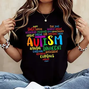 Autism Awareness Colorful Words Print T-Shirt Casual Loose Fit Women's Tee For Everyday Wear And Autism Support Events