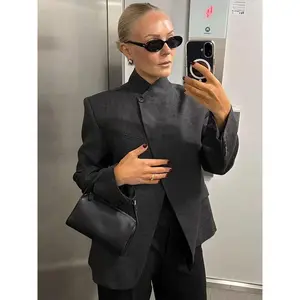 Vintage Asymmetric Jacket Women's Jacket Demi-Season Darkgrey Stand Collar Blazer Long Sleeve Outerwears Retro Chic Style For Office & Streetwear Jacket