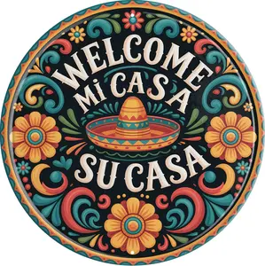 8-in Round Retro Farmhouse Hispanic-Inspired Home Sign, Vintage Aluminium Metal "Mi Casa Su Casa" Spanish Welcome Plaque, Durable Terracotta-Tone Hacienda Style, for Entryway Wall Decor, Home Gift, Hispanic-Inspired Home Signs