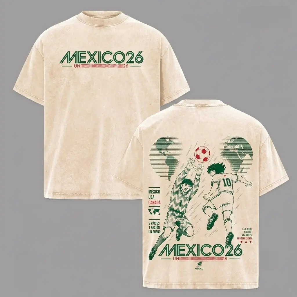 Men's Short-Sleeve Classic Ribbed 2026 Mexico World Football Tour Vintage Washed Anime Graphic Tshirt, Oversized Heavyweight Cotton Streetwear, Mens Gifts Fan Apparel, Shortsleeve, Seamless