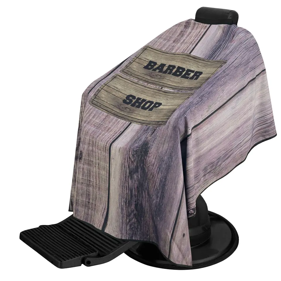 Regale Barber Supply Hair Cutting Cape, Lightweight with Adjustable Snap Closure, Water-Resistant Vintage Wood Design for Professional Salon Use, Haircare, Barber Equipment, Hair Styling Tool, Polyester, Wrinkle-Free, Black Text And Trim, Brown/Gray Wood,