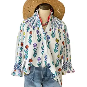 Floral Print Women's Shirt Top with Buttons Ruffled Collar & Shoulders Casual Polyester Blue Regular Fit Long Sleeve Machine Washable Autumn Winter Blouse