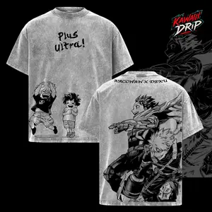 Deku & Bakugo Vintage Oversize Washed T-Shirt, My Hero Academia Heavy Cotton Graphic Tee, Retro Anime Streetwear for Men and Women