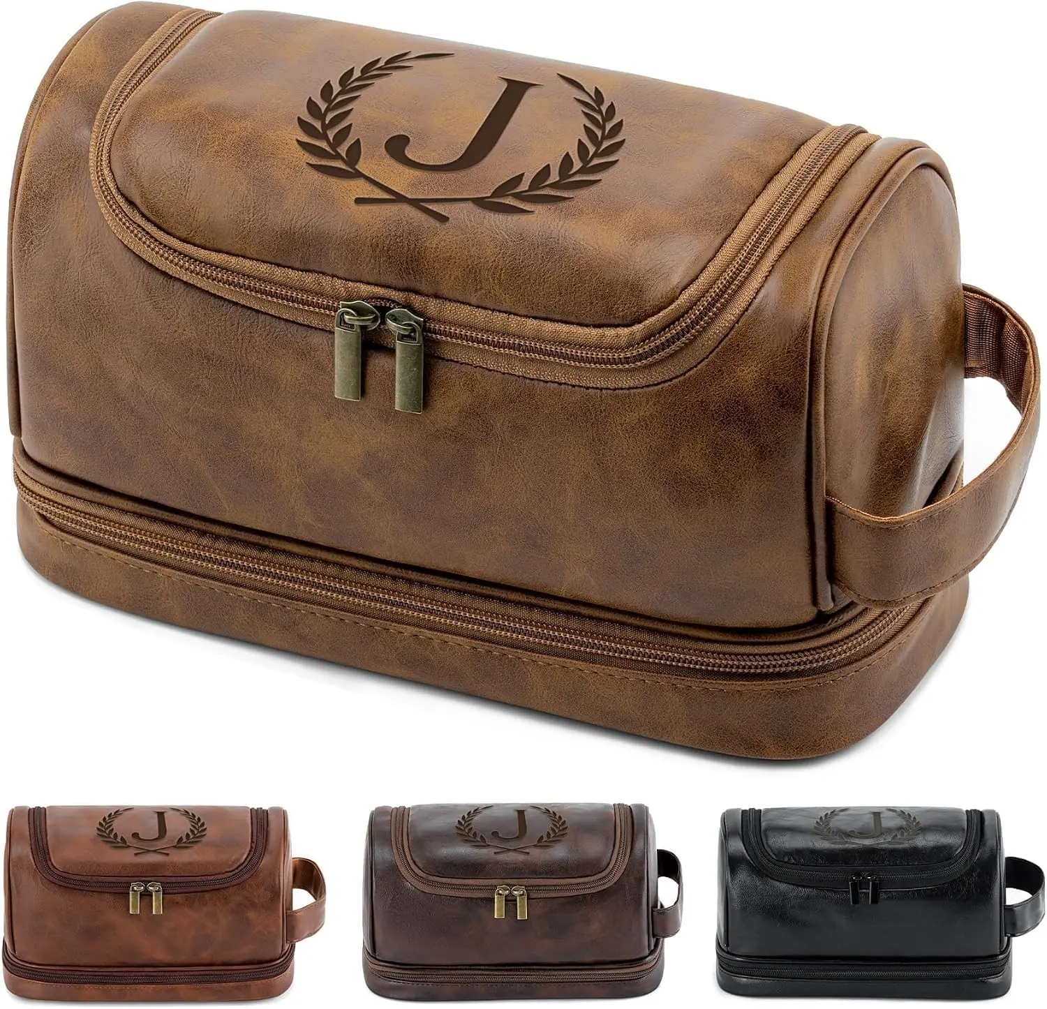 Personalized Christmas Birthday Gifts Toiletry Bag for Men Dad Husband, Custom Initial PU Leather Waterproof Toiletry Organizer Dopp Kit Shaving Bag Travel Essential for Men, Light Brown J