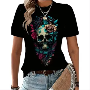 Women's Casual Crew Neck T-Shirt with Floral Skull Print - Polyester and Spandex Blend, Knit Fabric, Regular Length - All-Season Top - For Women - Perfect for Casual Wear, Everyday Use - Great Gift for Fashionable Ladies