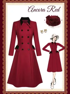 RETRO STAGE Women's 1950s Elegant Chic Red Ancora Lapel Double-Breasted Fitted Below-Knee Trench Coat - Polyester, Long-Sleeve, Center-Front Button Closure, Long Sleeve Jackets & Clothes Outerwear
