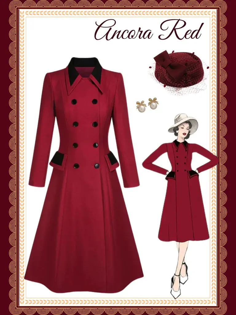 RETRO STAGE Women's 1950s Elegant Double-Breasted Trench Coat, Fitted Below-the-Knee Red Polyester Outerwear, Jackets