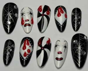 Halloween Creepy Clown Press On Nails Red Black White Horror Nail Art Glossy Design 10 Nails 20 Tabs Strong Glue Bottle Travel Friendly Retro Y2K Style