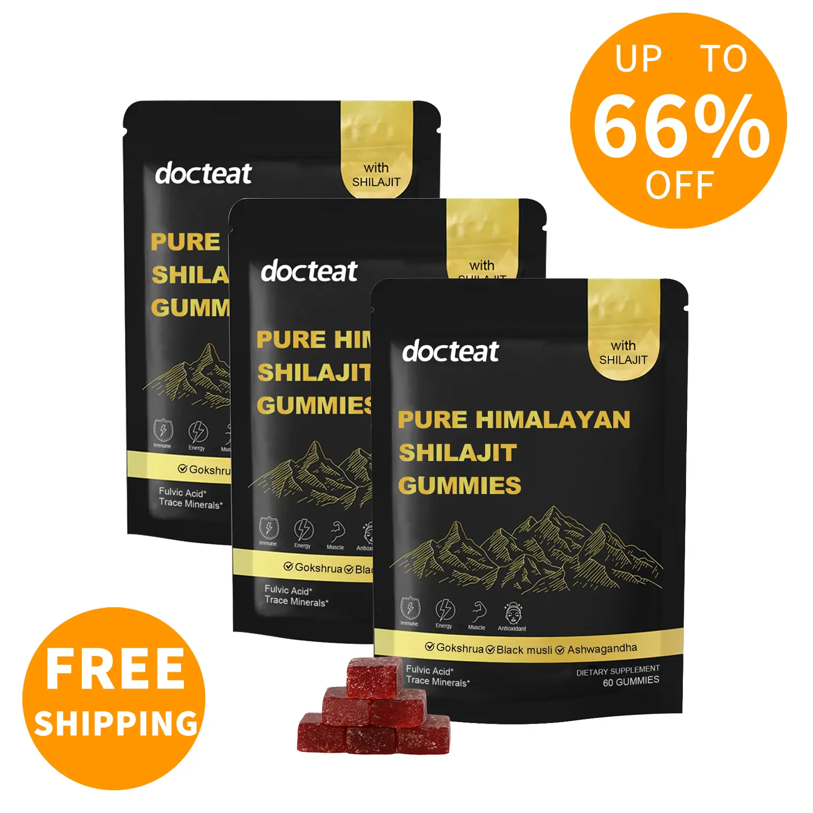 [GRAB 3 NOW] Edible Shilajit Gummy Supplements with Ashwagandha, Gokshura, Black Ginger - 60-Count Chemical-Free Dietary Supplements for Men - Natural Wellness Boost, Brain, Heart Health Support, Stress Relief