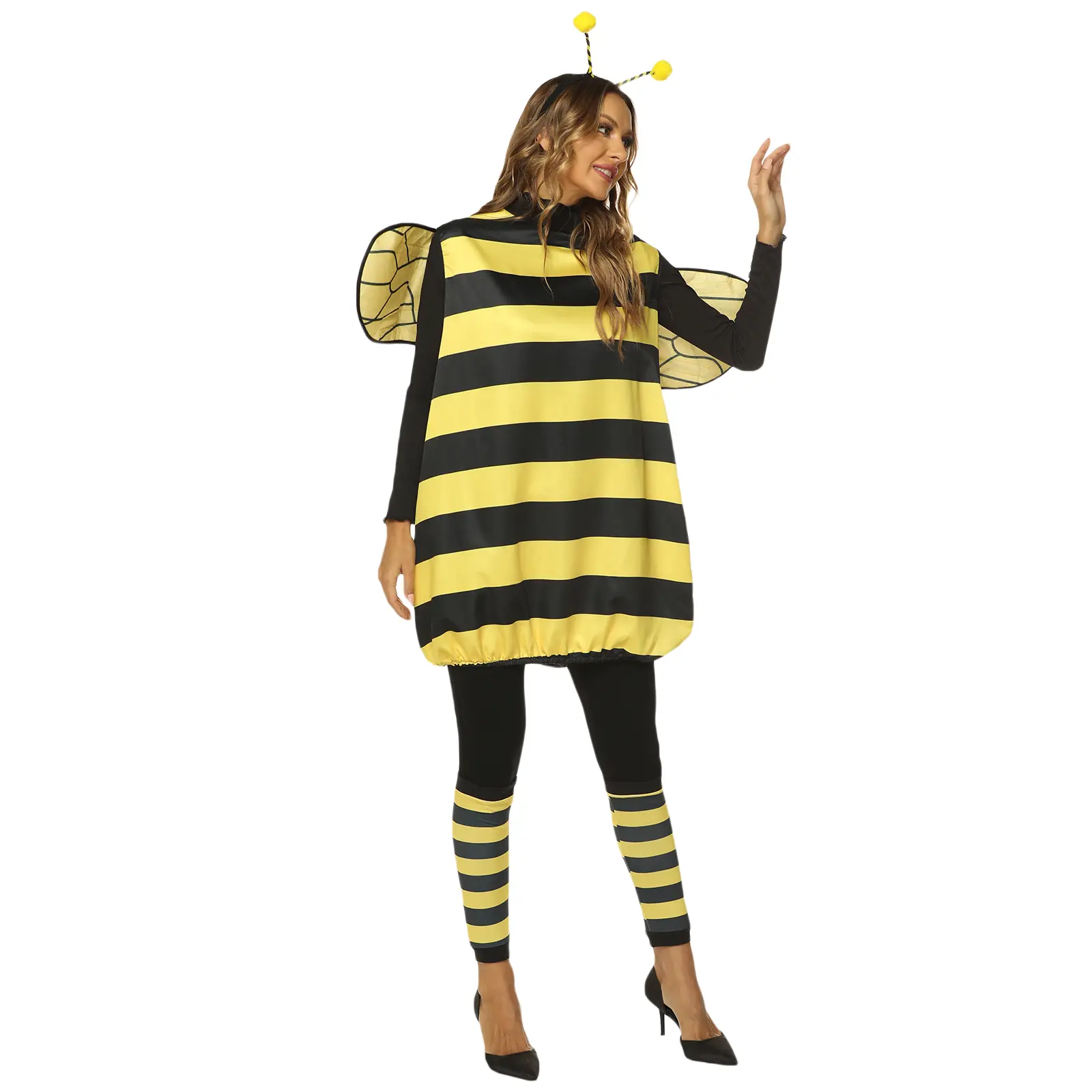 Girl's Casual Striped Bee Costume Dress, M Size Cotton Blend 4-Piece Outfit for All Seasons Party & Role-Playing Wear, Wings, Leg Sleeves, 1 Headband, Clothes, Parties, 1 Pair Leg Sleeves For Kids, 89-93 Cm