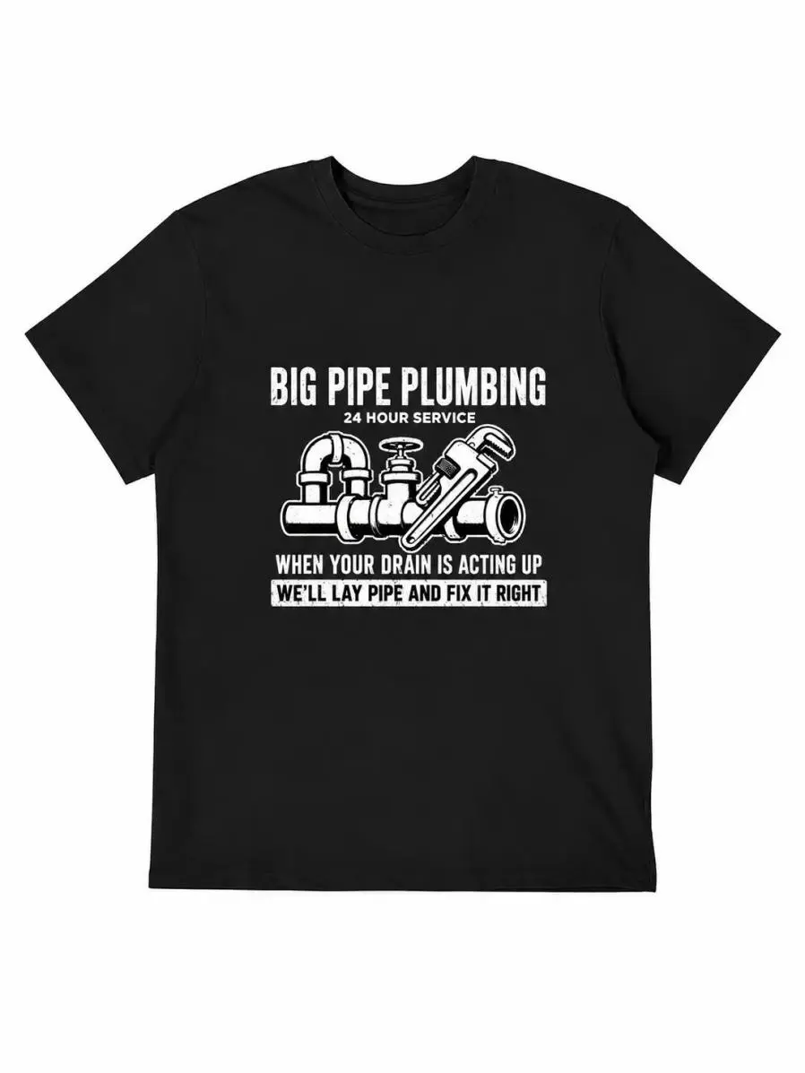 Men's Shortsleeve Ribbed Seamless Garment - Big Pipe Plumbing Graphic T-Shirt, Funny Drain Service Joke Tee, Blue Collar Humor Black Cotton Top, Soft Feel, Classic Look, Full Color Selection