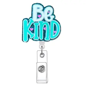 Be Kind Letter Pattern Retractable Badge Reel, 1 Count Acrylic ID Holder Reel with Clip for Nurses, Doctors, Students & Office Staff