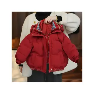 New Winter Jacket for Girls with a Hood, Stylish And Thick Red Coat for Kids, Featuring a Faux Two-Piece Design And Double Zipper for Wind