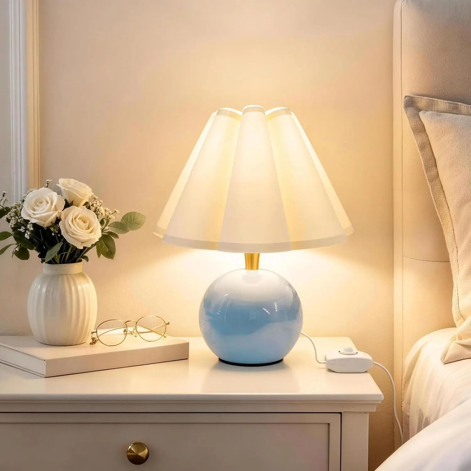 Small Bedside Table Lamp, 11.8'' Ceramic Stepless Dimmable Lamp (Blue)| with scalloped fabric shade for nightstand & living room.Perfect for quiet nights to create a cozy, relaxing atmosphere