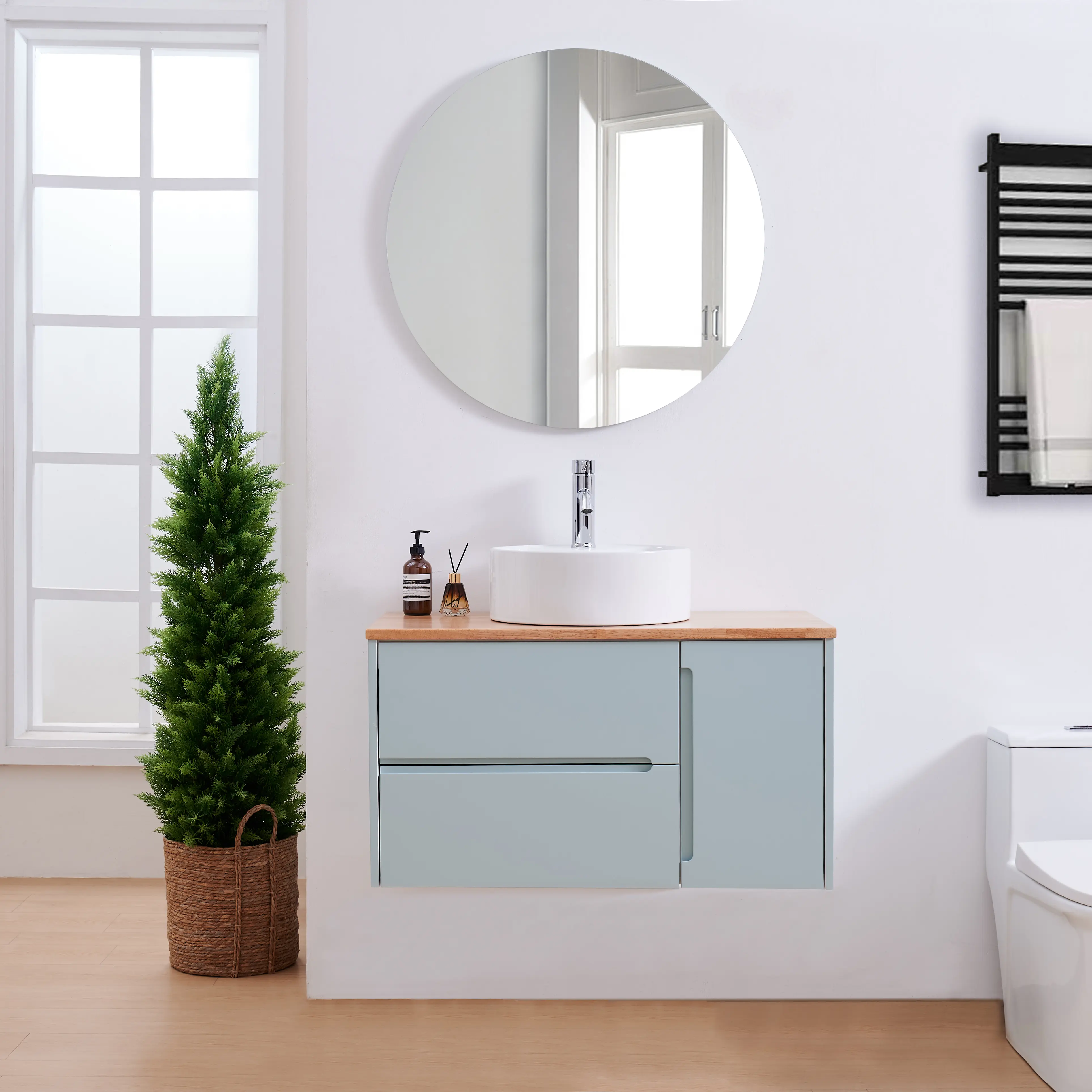 36-Inch Wall-Mounted Bathroom Vanity Cabinet with Double Drawer and Single Door, Blue Solid Wood Cabinet with Natural Wood Top, Round Ceramic Sink, Blue Round Mirror, Modern Minimalist Design, Ample Storage for Bathroom Organization
