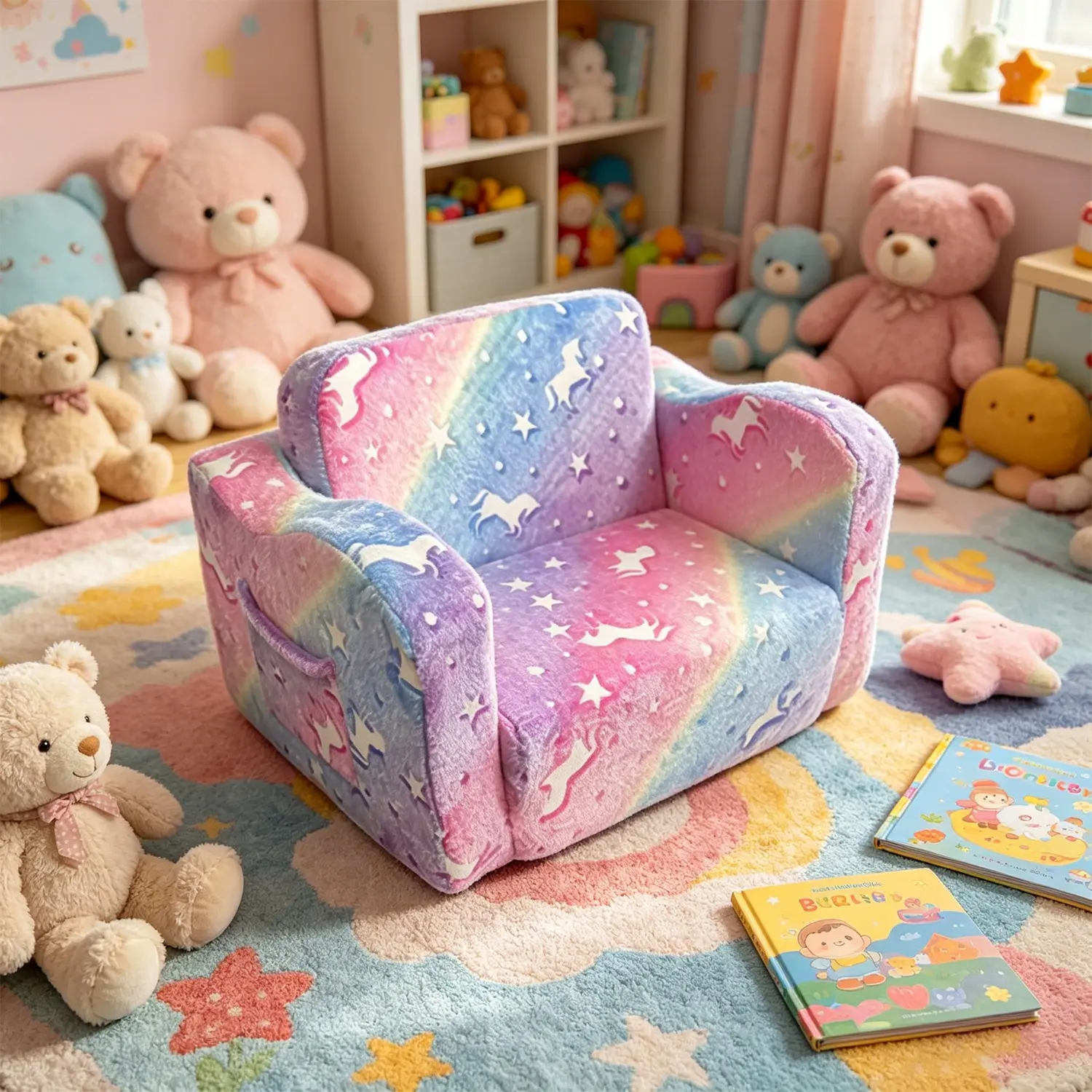 Unicorn Rainbow Kids Sofa Chair, Soft Plush Comfy Toddler Armchair with Side Pocket, Cute Mini Couch for Girls Bedroom Playroom