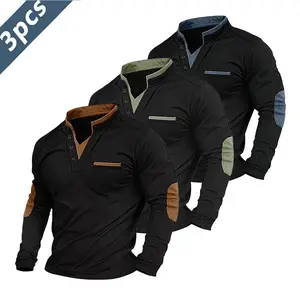 Men’s three-piece Polo shirt set for spring, summer, and autumn featuring contrasting elbow details and a simulated two-tone knit design, suitable for outdoor commuting, everyday casual wear, and golf. Long Sleeve