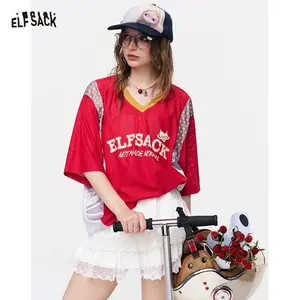 ELFSACK Mesh & Satin Patchwork V-Neck T-Shirt, Polka Dot Colorblock Oversized Tee, Retro Sporty Casual Top for Women