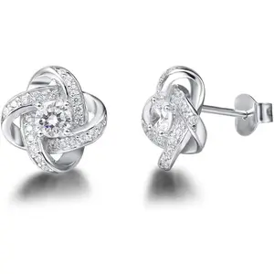FANCIME White Gold Plated Real Sterling Silver Hypoallergenic Stunning Cubic Zirconia CZs Big/Large Daith Flower Knot Studs Earrings For Women Wedding Bridal，Size 12mm