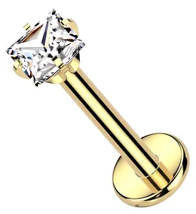 Gold PVD Prong Set Square Clear CZ Internally Threaded Titanium Labret