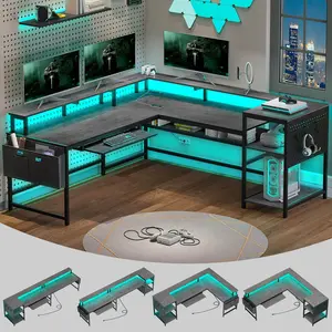 96 Inches L Shaped Reversible LED Gaming Desk Grey