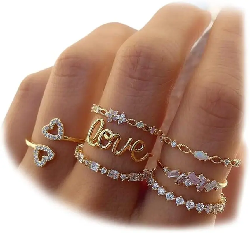 Women's Gold Heart Moon Midi Size Stackable Rings Set - Boho Knuckle Rings for Casual Wear, Female Gold Accessory