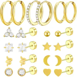 11 Pairs 0.8mm Hypoallergenic Flat Back Earrings Golden Surgical Steel Star Moon Earring Studs Huggie Hoop Cartilage Earrings Set for Women Earring Stacks Multiple Piercing Jewelry