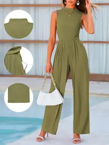 Women's Sleeveless Jumpsuit, High Neck Ribbed Design, Wide Leg Pants with Pockets, Elegant Casual Everyday One-Piece Womenswear, Elegance