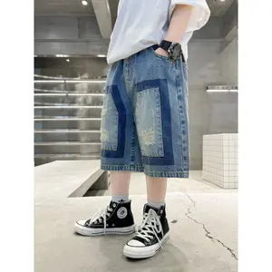 New Boys' Color-Block Patchwork Solid Denim Shorts, Kids' Washed Ripped Denim Capri Pants, Loose-Fit Blue Denim Shorts for Boys, Also Suitable for Girls