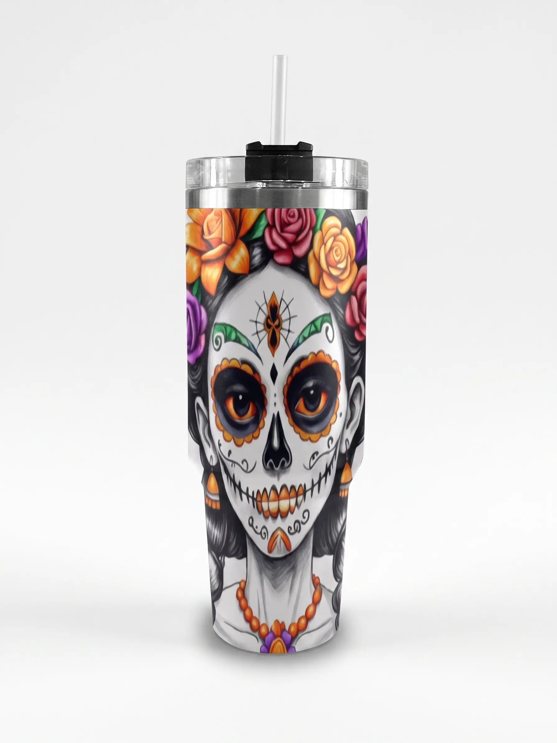 Stylish 40oz Sugar Skull Floral Calavera Stainless Steel Vacuum Flask, Portable Mexican Gothic Insulated Coffee Cup with Handle & Lid, Plastic-Free Skeleton Lady Kitchenware Drinkware