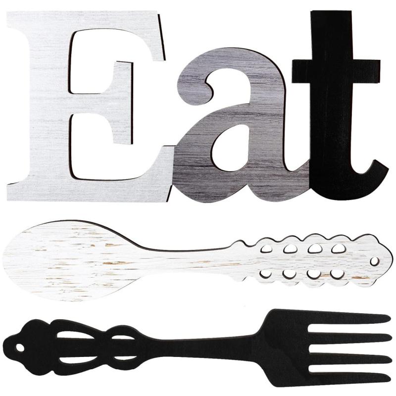 3Pcs Hanging Art Set - Eat Sign, Fork and Spoon Wall Decor for Kitchen and Home Decoration Room Wood