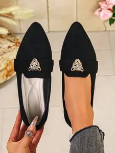 Spring Summer New Metal Buckle Pointed Toe Loafers for Women, Velour Four Color Slip-On Shoes, Plus Size Slimming Commuter Flats, Footwear