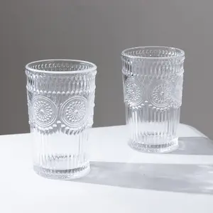 6 Pack Vintage Embossed Glass Tumblers – 13oz Clear Drinking Glasses Textured Floral Pattern for Water, Juice & Cocktails